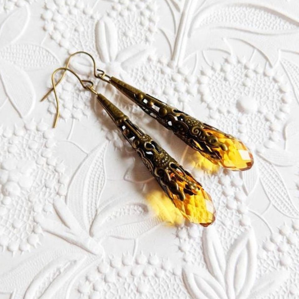 Vintage Style Earrings, Long Yellow Earrings, Bronze Filigree Jewelry, November Birthday Gift, Unique Gifts for Her