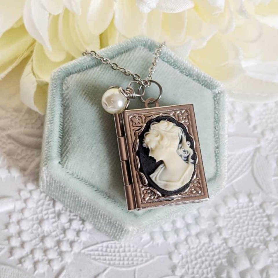 Book Locket Necklace, Rose Gold Locket, Cameo Necklace, Book Jewelry, Book Lover Gift, Librarian, Teacher Gift