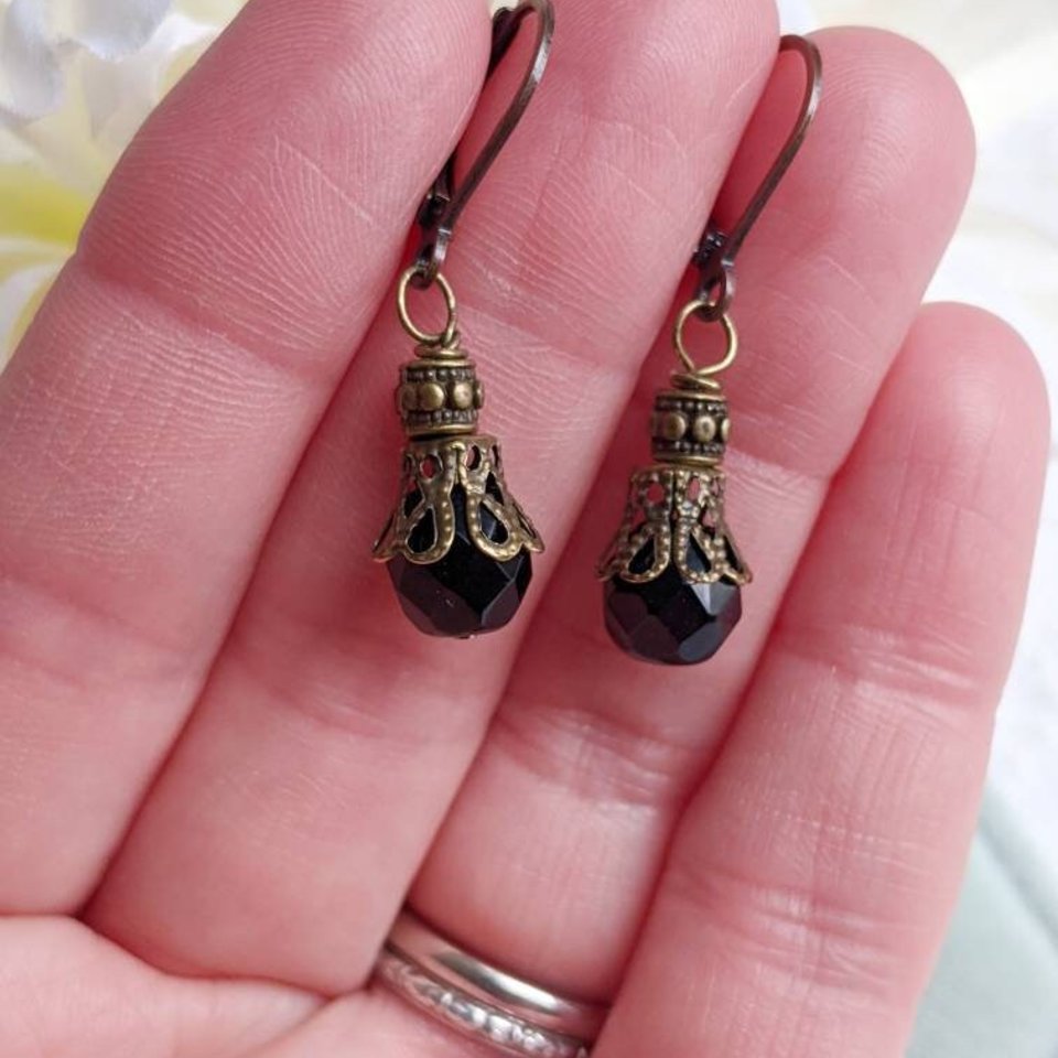 Onyx Drop Earrings, Regency Era Earrings, Vintage Style Earrings, Victorian Earrings, Art Nouveau Era, Historical Costume Jewelry