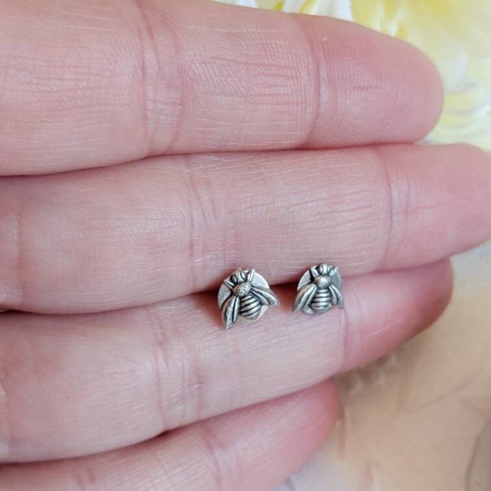 Tiny Silver Bee Earrings, Hypoallergenic Stainless Steel Posts