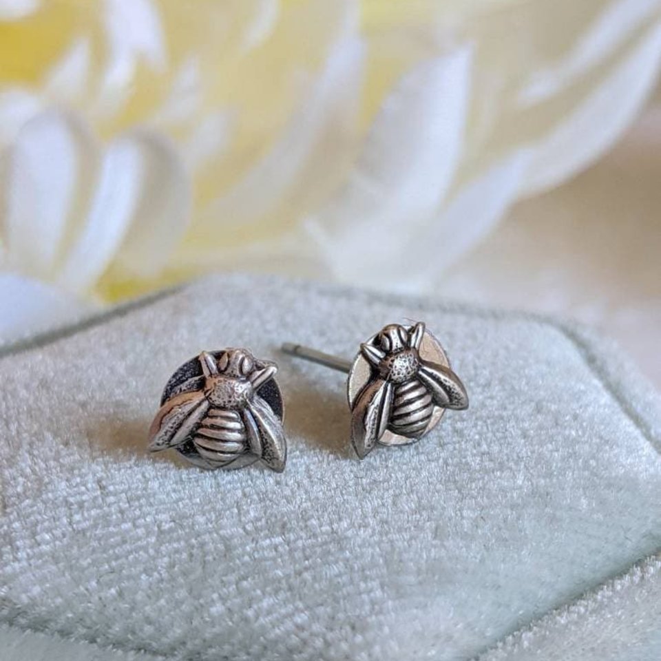 Tiny Silver Bee Earrings, Hypoallergenic Stainless Steel Posts