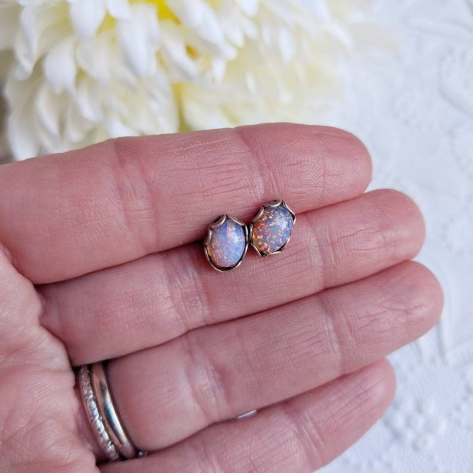 Dainty Fire Opal Earrings, Vintage Harlequin Opal Jewelry, Pink Stone, October Birthday Gift for Her