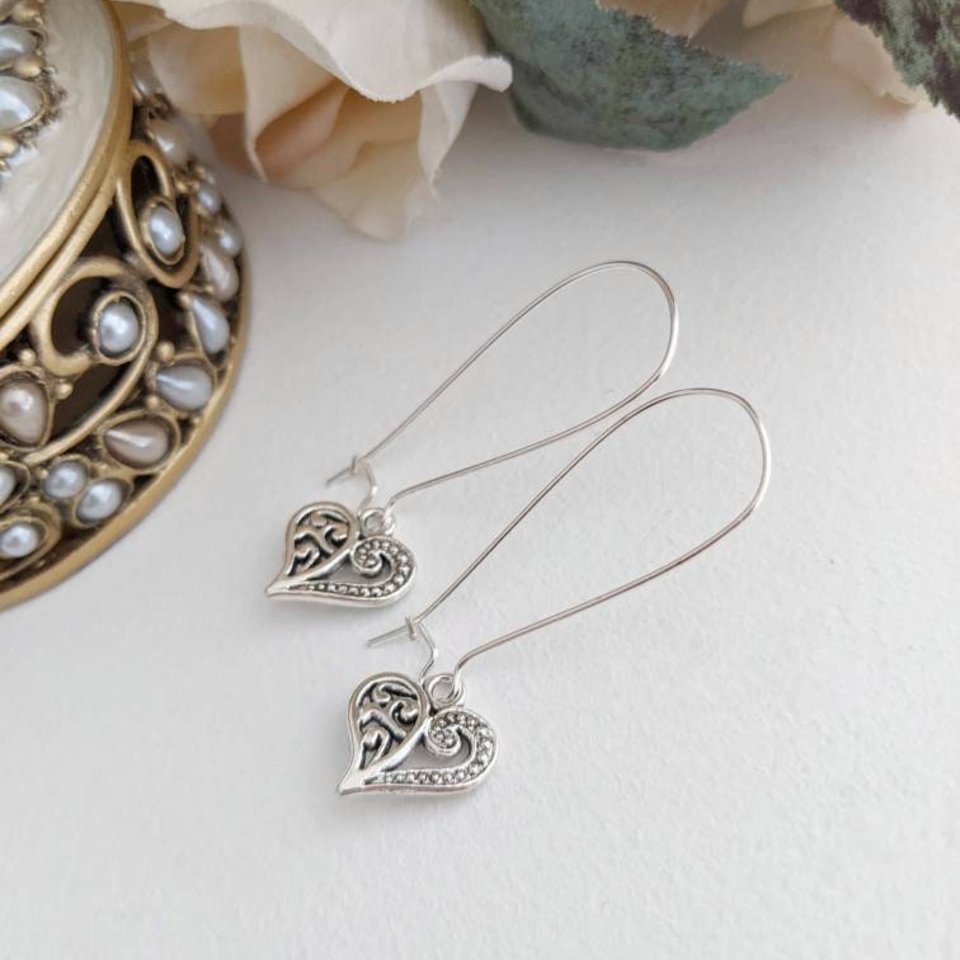 Valentines Day Earrings, Silver Heart Earrings, Long Heart Earrings, Love Earrings, Bridesmaid Earrings Gift, Sweetheart