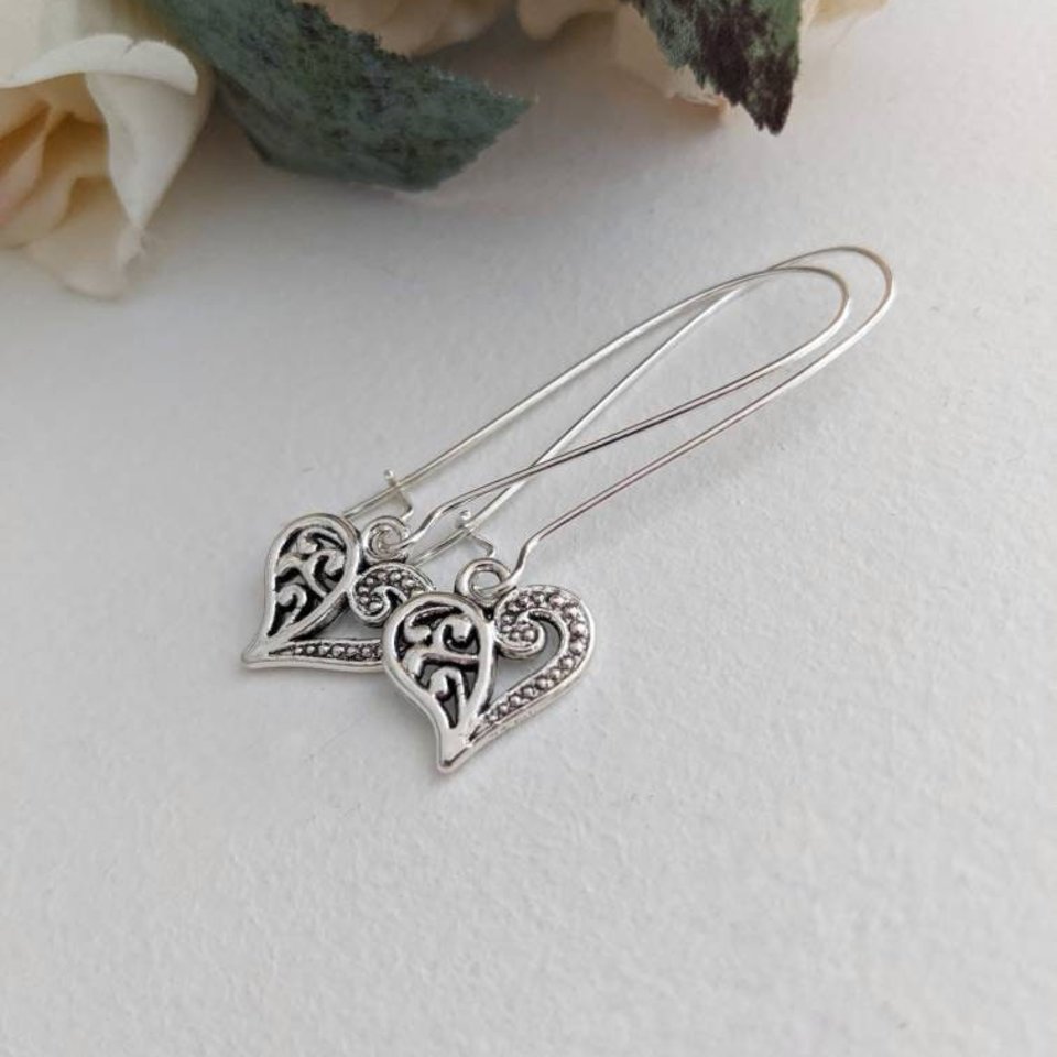 Valentines Day Earrings, Silver Heart Earrings, Long Heart Earrings, Love Earrings, Bridesmaid Earrings Gift, Sweetheart