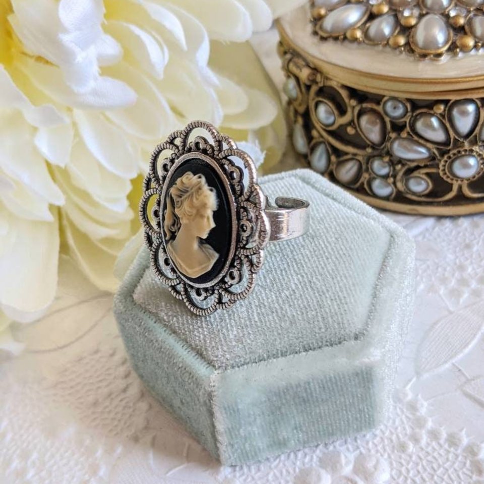Black Cameo Statement Ring, Adjustable Size, Victorian Jewelry