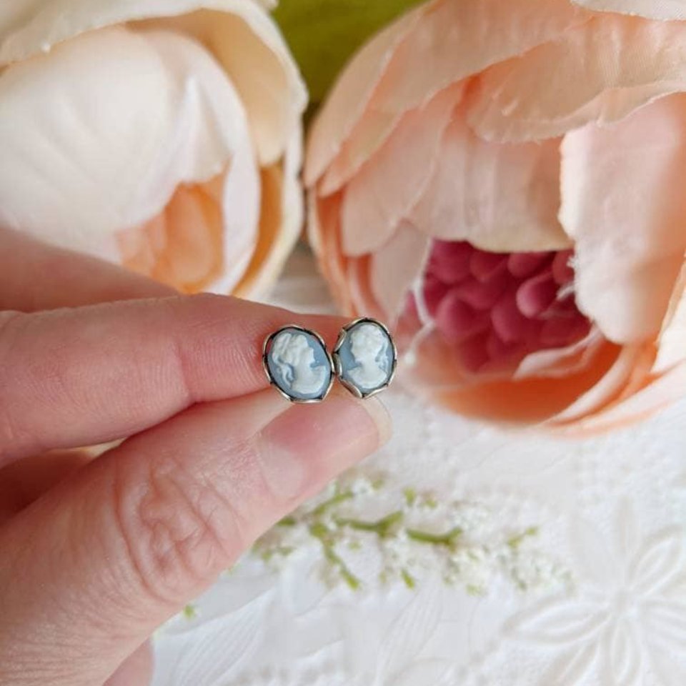 Wedgewood Blue Cameo Studs, Tiny Earrings, Stainless Steel Hypoallergenic Posts