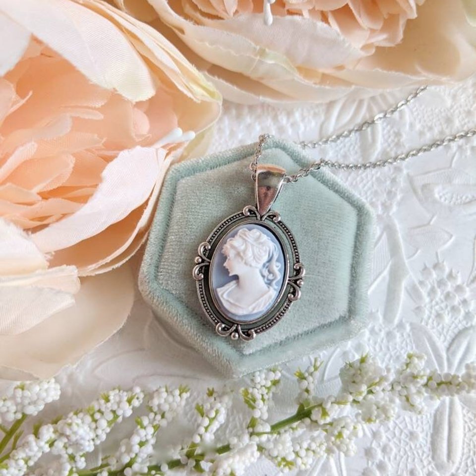 Blue Cameo Necklace, Victorian Gothic Jewelry, Vintage Style Something Blue for Bride Jewelry