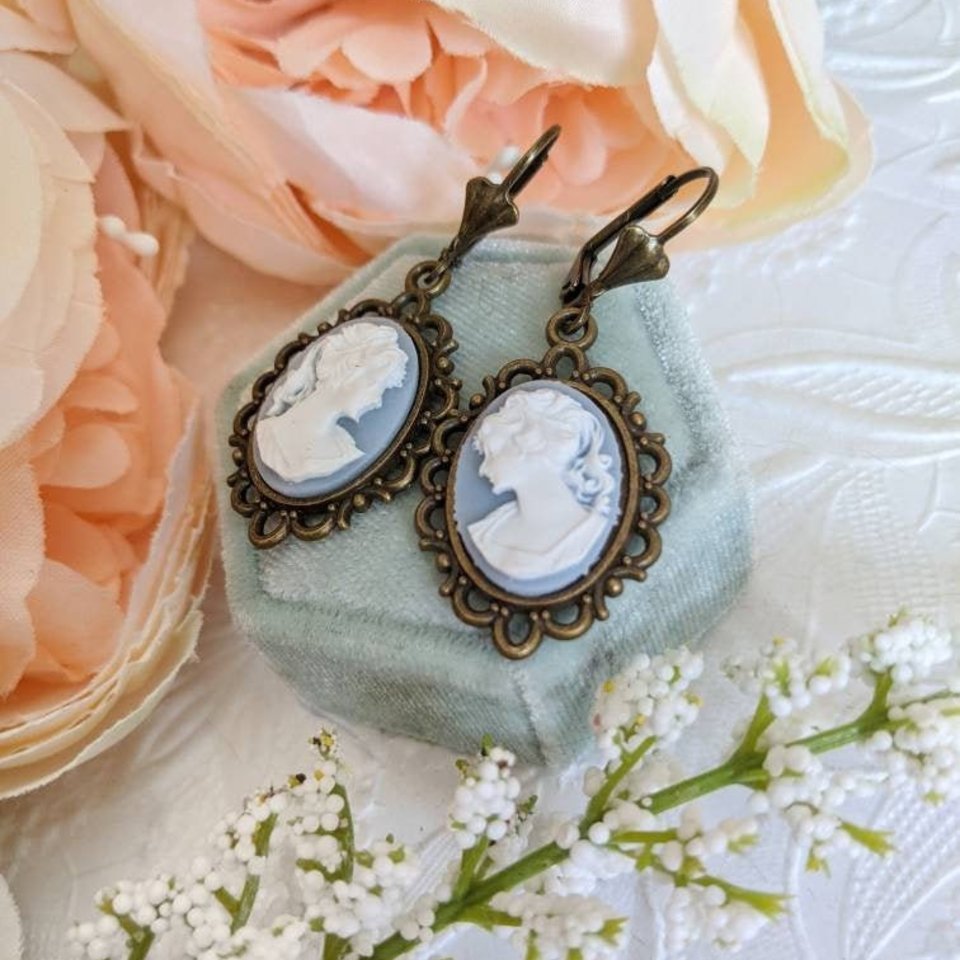 Turquoise Cameo Earrings, Victorian Lady Cameo Earrings, Romantic Earrings, Bride Earrings Vintage Style Wedding Jewelry, Historical Costume