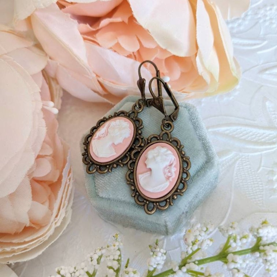 Turquoise Cameo Earrings, Victorian Lady Cameo Earrings, Romantic Earrings, Bride Earrings Vintage Style Wedding Jewelry, Historical Costume