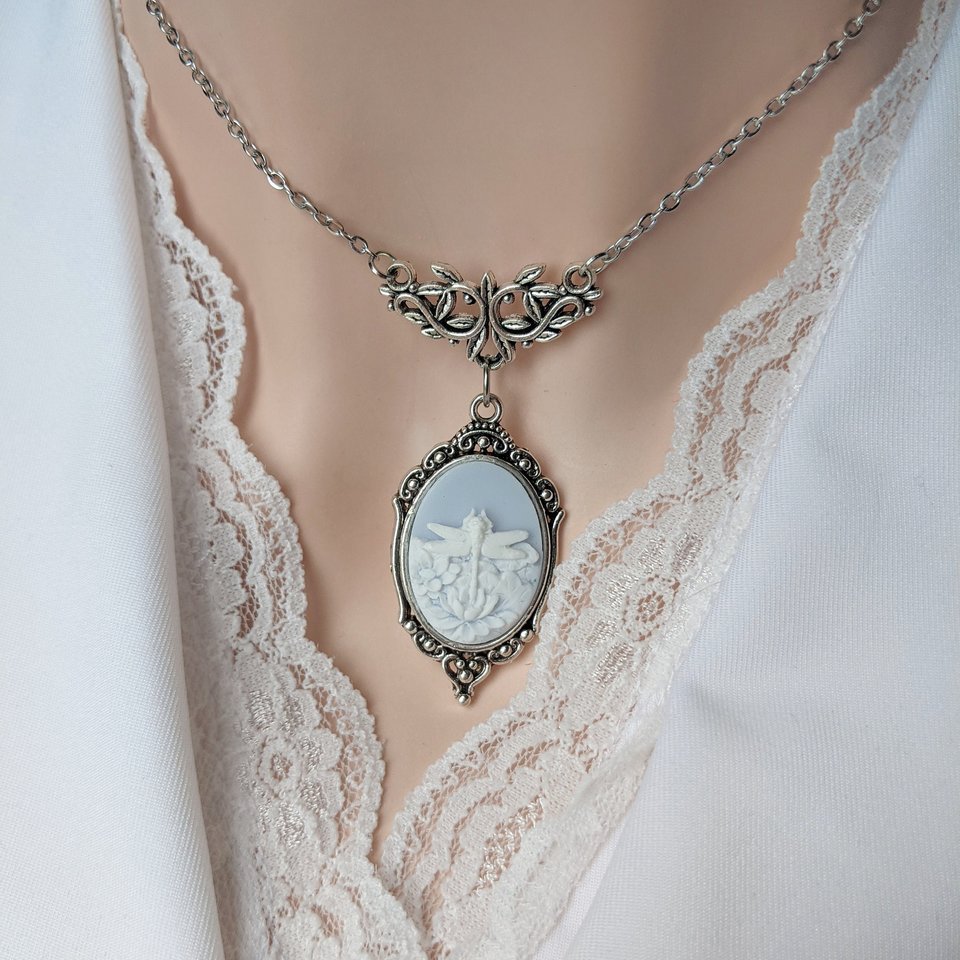 Blue Dragonfly Cameo Necklace, Art Nouveau Jewelry