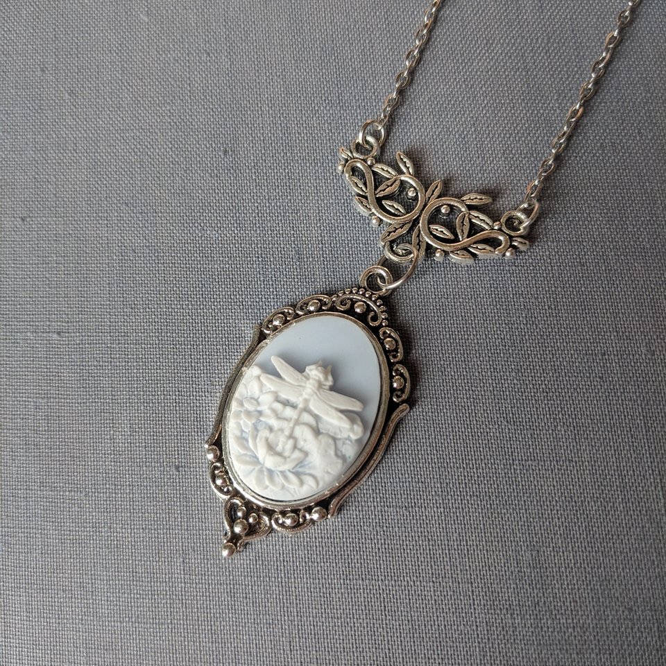 Blue Dragonfly Cameo Necklace, Art Nouveau Jewelry