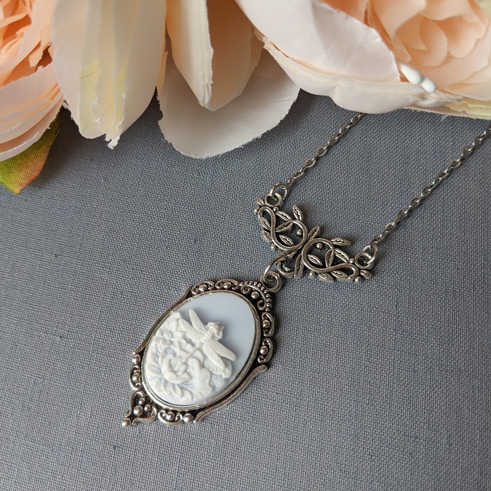 Blue Dragonfly Cameo Necklace, Art Nouveau Jewelry