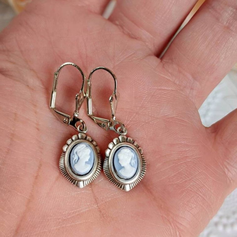 Blue Cameo Earrings, Silver Victorian Earrings, Cameo Jewelry, Historic Wedding Jewelry, Vintage Style Something Blue for Bride Earrings
