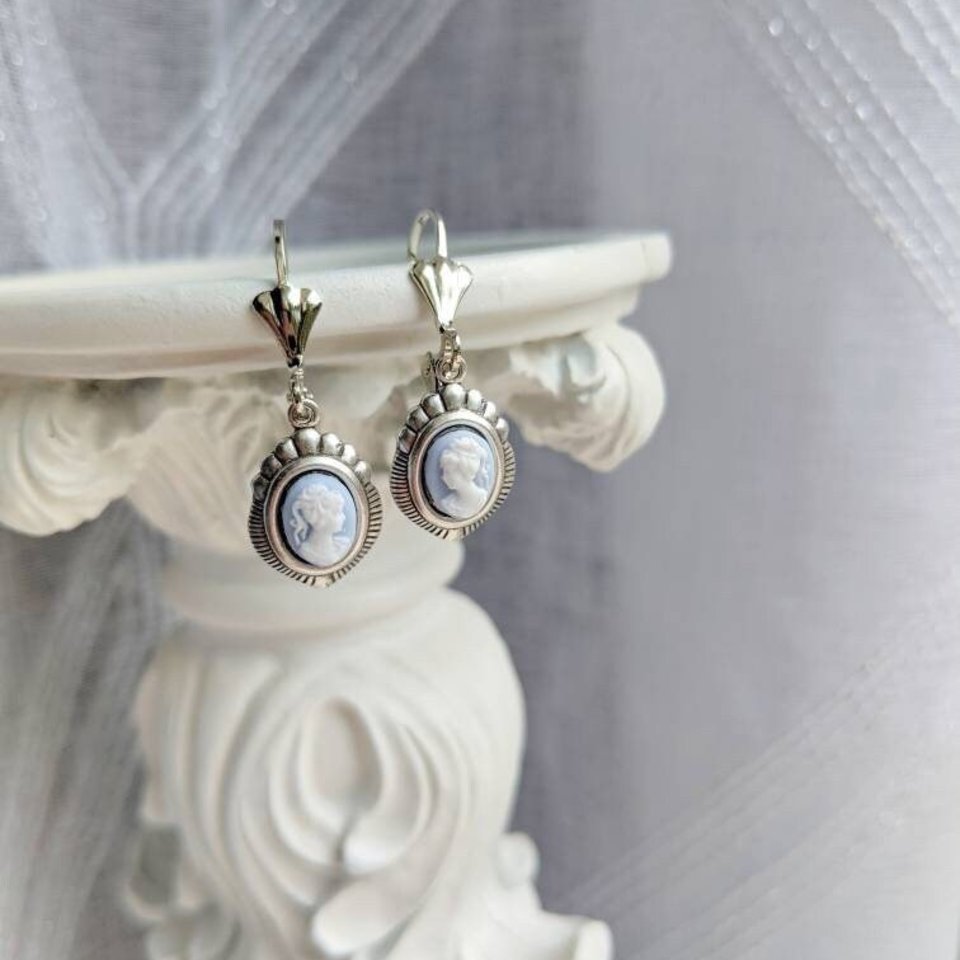 Blue Cameo Earrings, Silver Victorian Earrings, Cameo Jewelry, Historic Wedding Jewelry, Vintage Style Something Blue for Bride Earrings