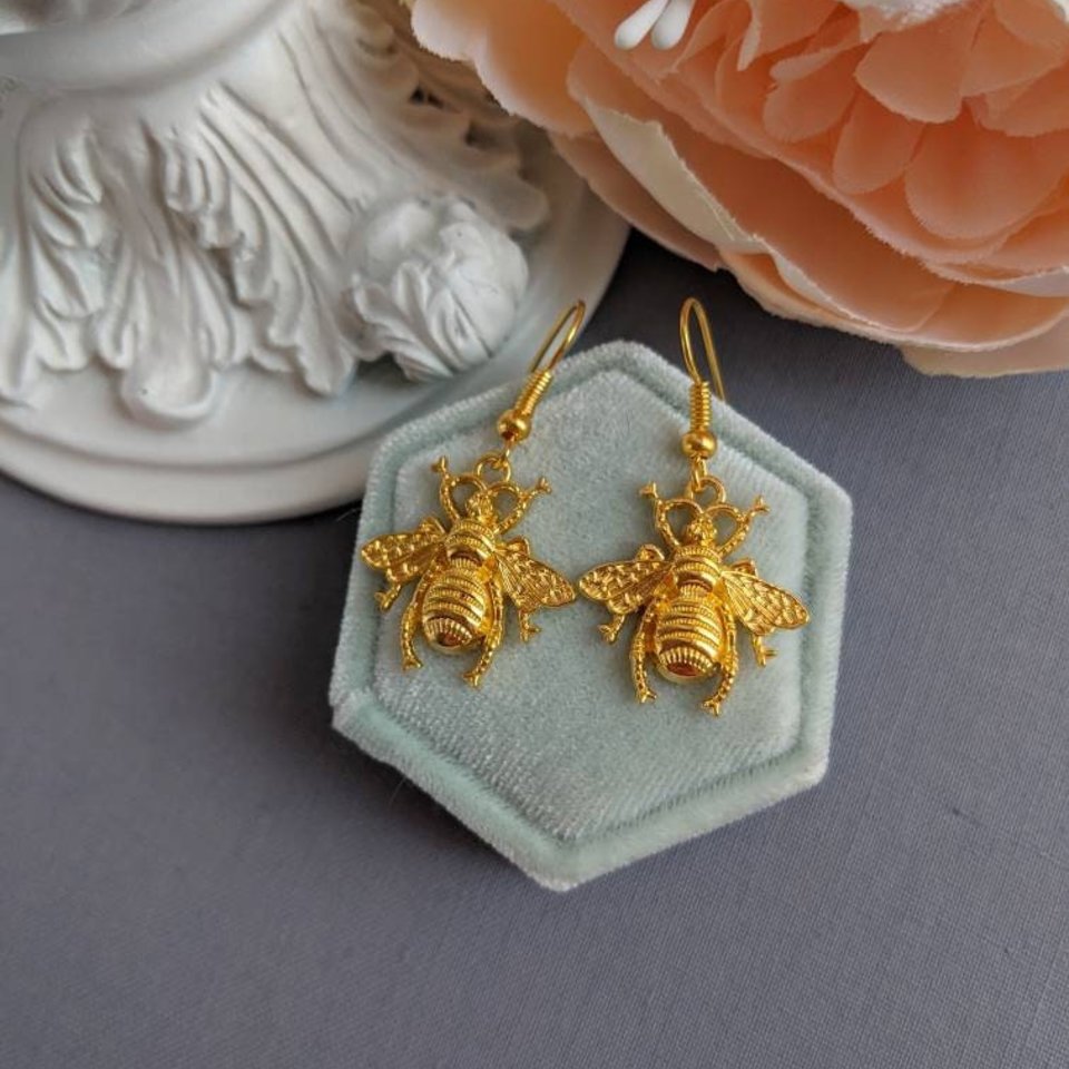 Bee Dangle Earrings, Silver Bee Earrings, Honeybee Jewelry, Insect Jewelry, Whimsigothic Jewelry