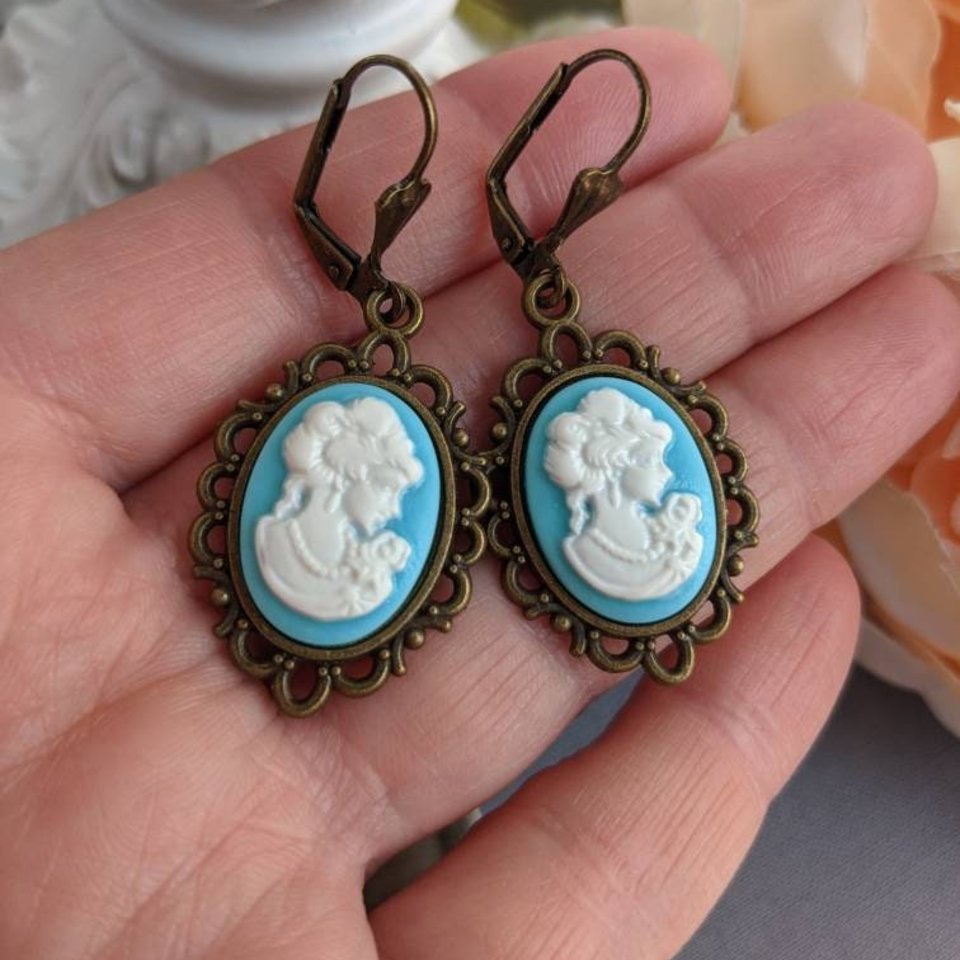 Turquoise Cameo Earrings, Victorian Lady Cameo Earrings, Romantic Earrings, Bride Earrings Vintage Style Wedding Jewelry, Historical Costume