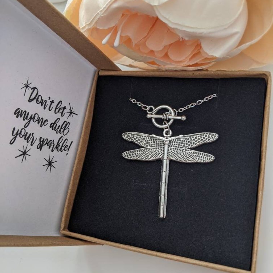 Silver Dragonfly Necklace with Toggle Closure, Minimalist Jewelry Pendant