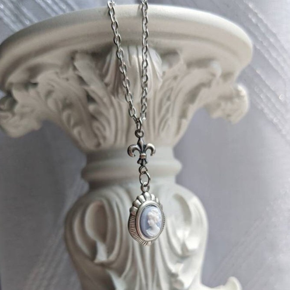 Dainty Blue Cameo Necklace, Silver Art Deco Pendant, Vintage Style Fleur De Lis Jewelry Gift for Her