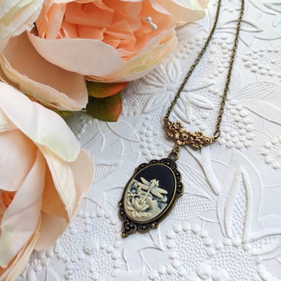 Black Dragonfly Cameo Necklace