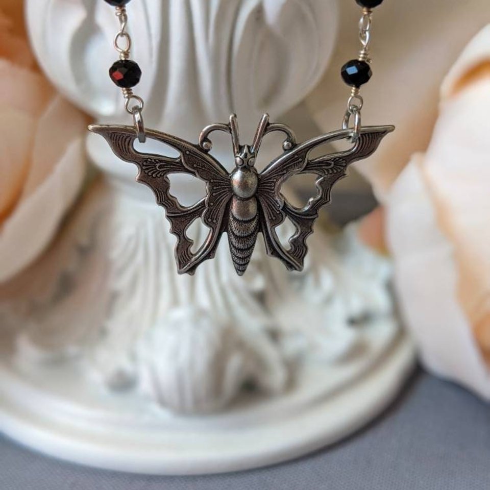 Silver Butterfly Choker Necklace with Black Rosary Chain, Art Nouveau Pendant, Dark Cottage Core Whimsigothic Jewelry