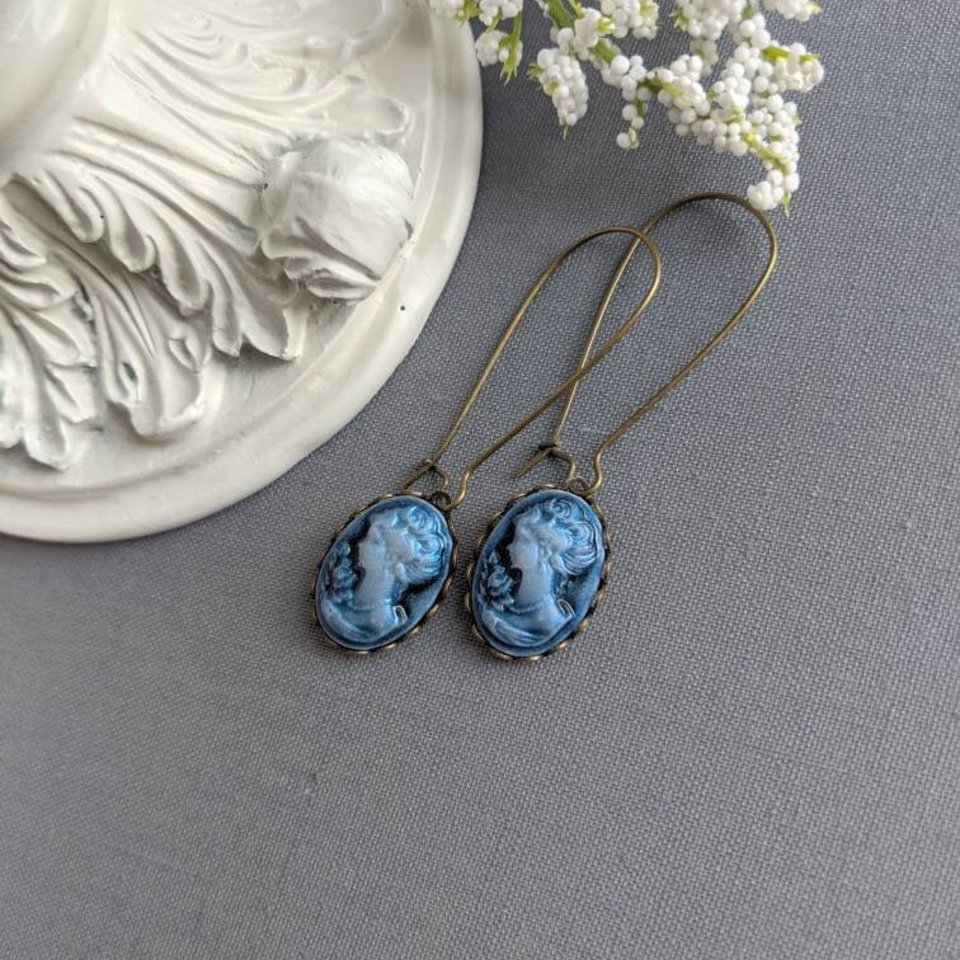 Blue Cameo Earrings, Victorian Earrings, Romantic Jewelry, Vintage Style, Cottage Core, Something Blue for Bride, Gift for Her