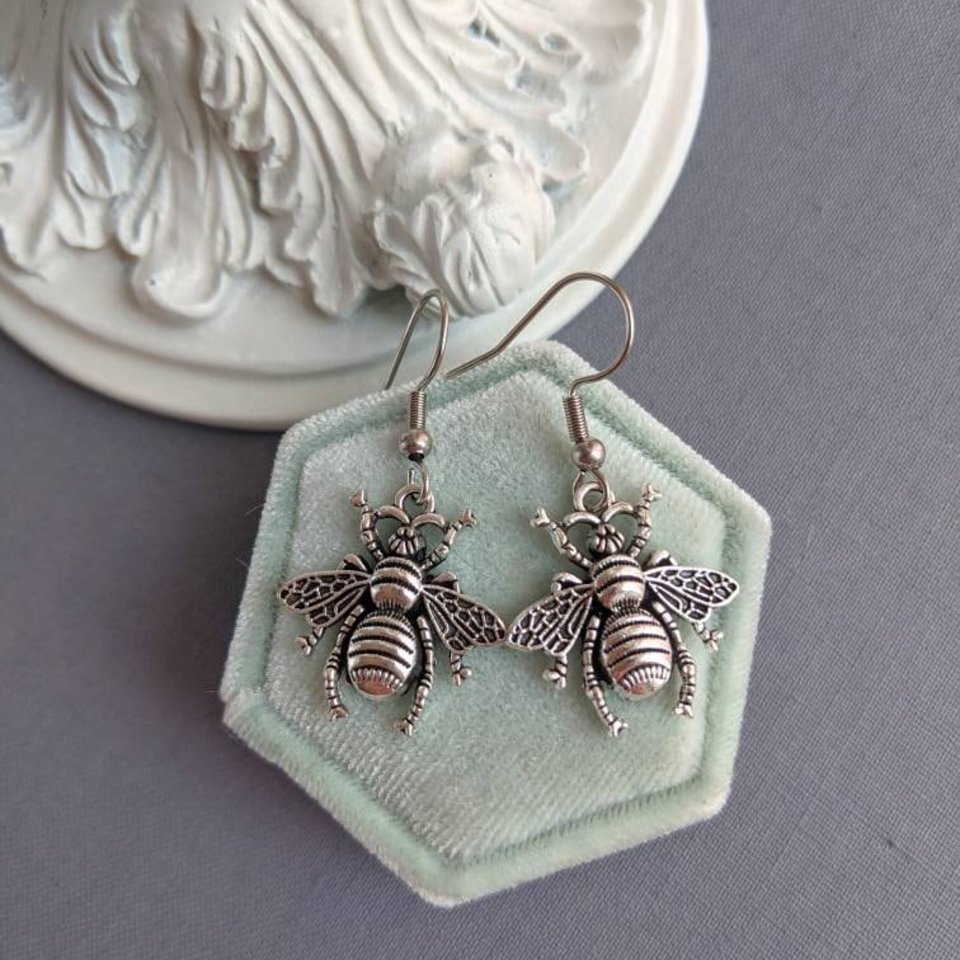 Bee Dangle Earrings, Silver Bee Earrings, Honeybee Jewelry, Insect Jewelry, Whimsigothic Jewelry