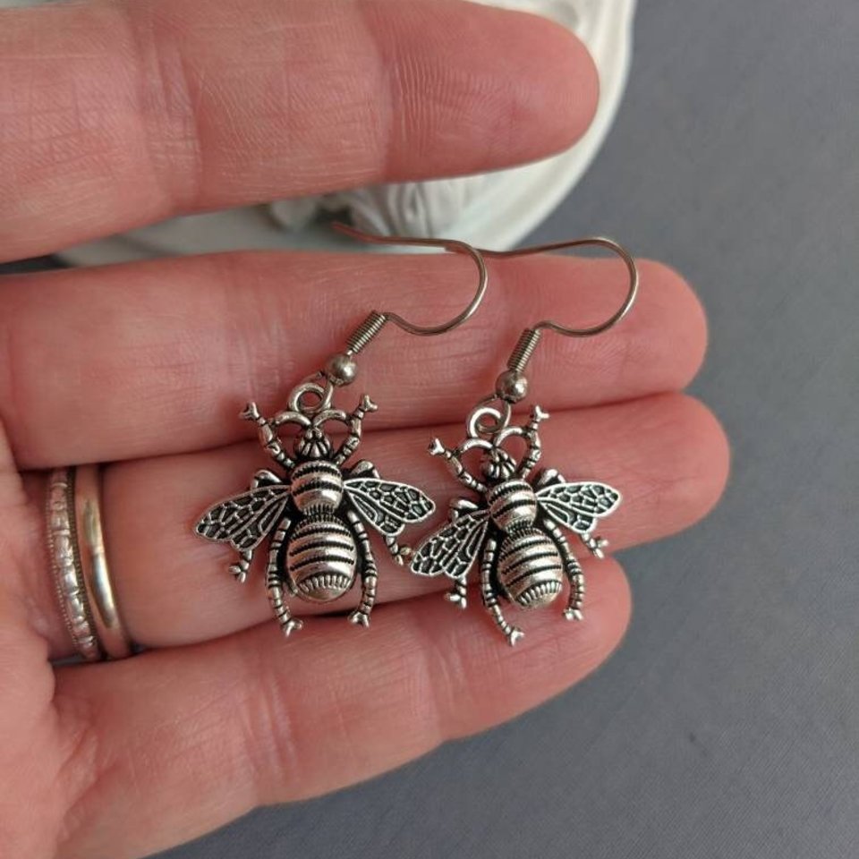 Bee Dangle Earrings, Silver Bee Earrings, Honeybee Jewelry, Insect Jewelry, Whimsigothic Jewelry