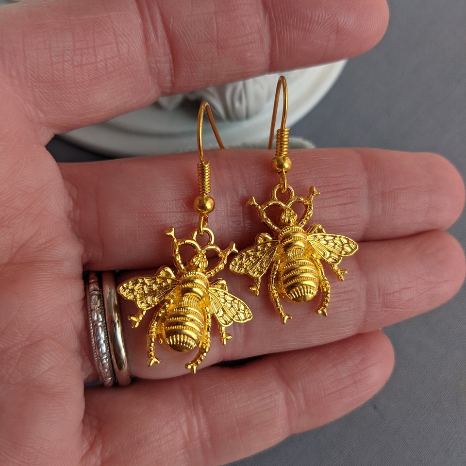 Gold Bee Earrings, Honeybee Jewelry