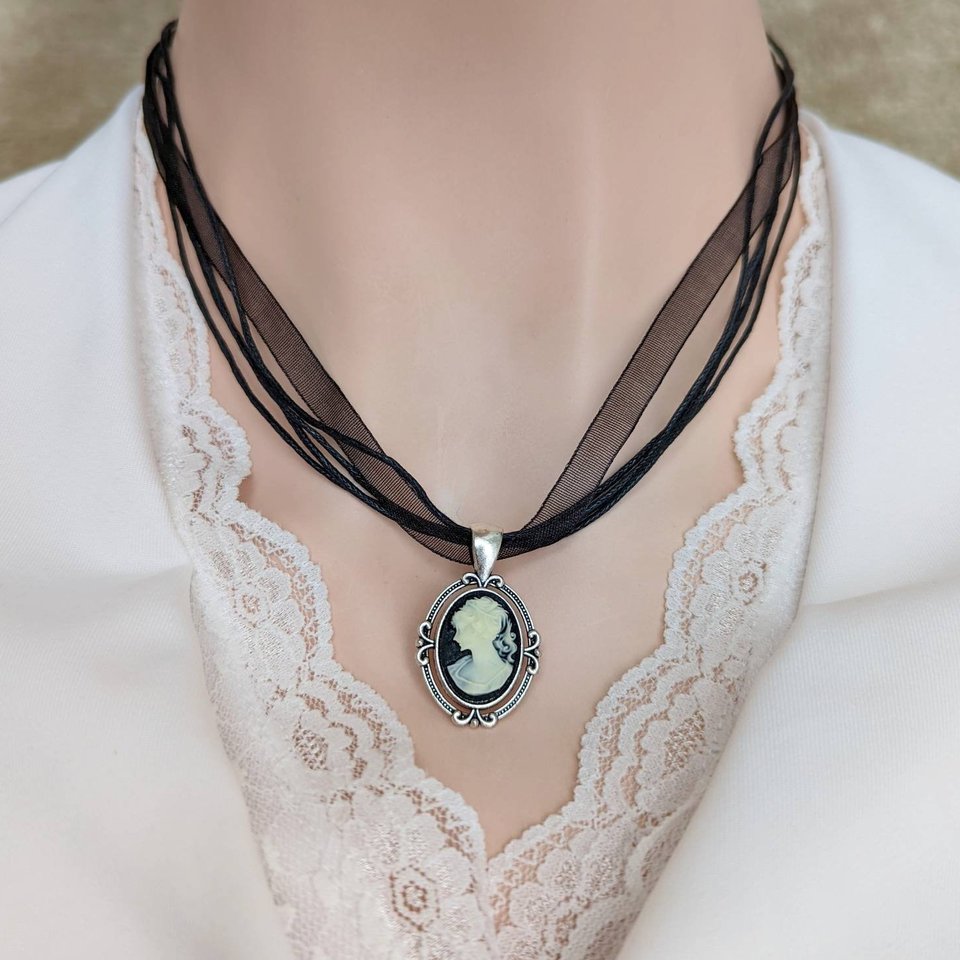 Gothic Cameo Pendant, Black Ribbon Choker Necklace, Victorian Bridal Jewelry, Black Wedding