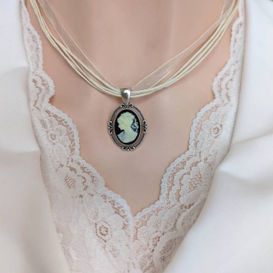 Victorian Bridal Jewelry, Cameo Ribbon Choker Necklace, Historical Costume Jewelry