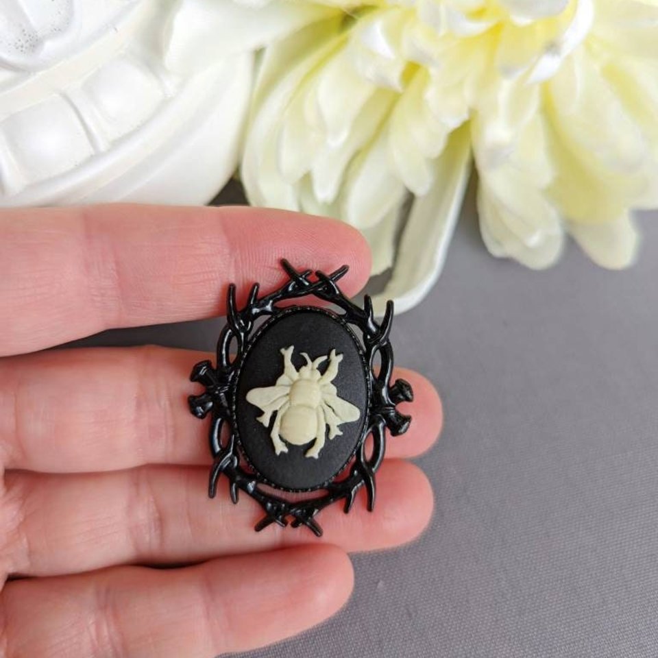 Black Bee Brooch, Gothic Jewelry, Bramble Fairytale Pin, Whimsigothic Accessories