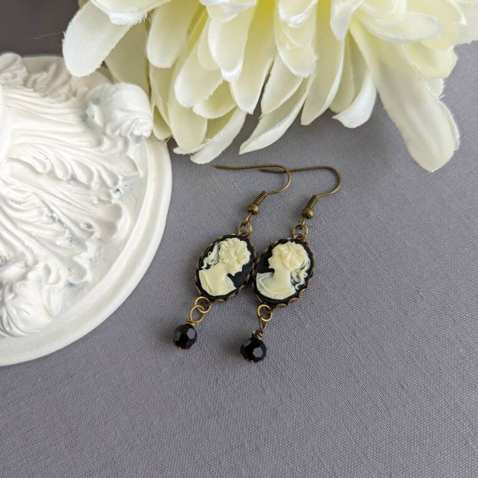 Black Cameo Earrings with Black Beads, Gothic Victorian Jewelry, Antique Replica Earrings