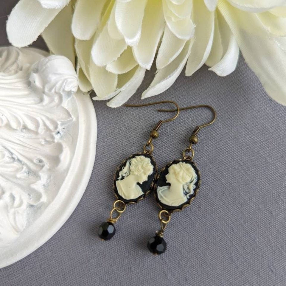 Black Cameo Earrings with Black Beads, Gothic Victorian Jewelry, Antique Replica Earrings