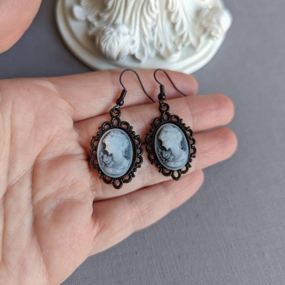 Blue Cameo Earrings, Gothic Victorian Jewelry, Vintage Portrait Earrings, Dark Academia, Gift for Her