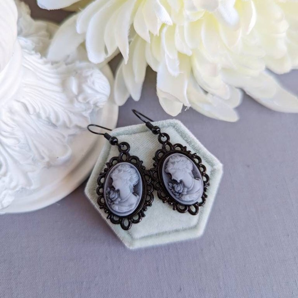 Blue Cameo Earrings, Gothic Victorian Jewelry, Vintage Portrait Earrings, Dark Academia, Gift for Her