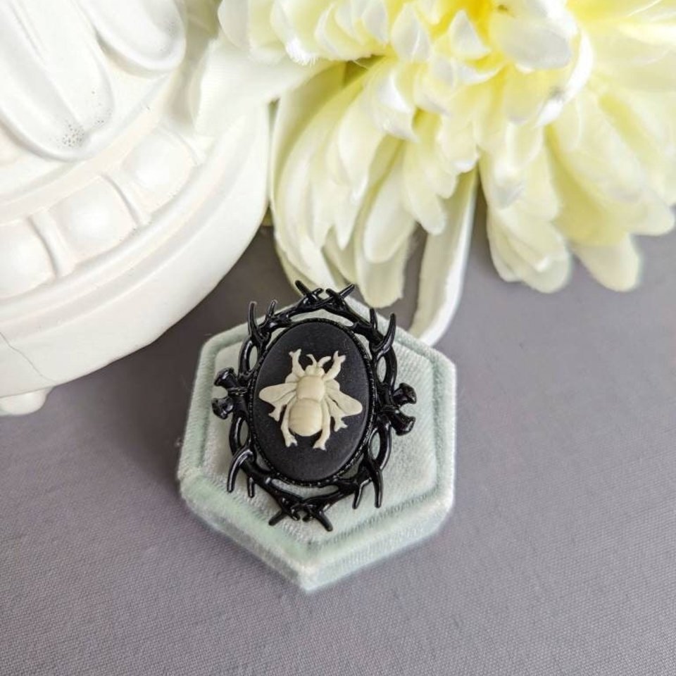 Black Bee Brooch, Gothic Jewelry, Bramble Fairytale Pin, Whimsigothic Accessories