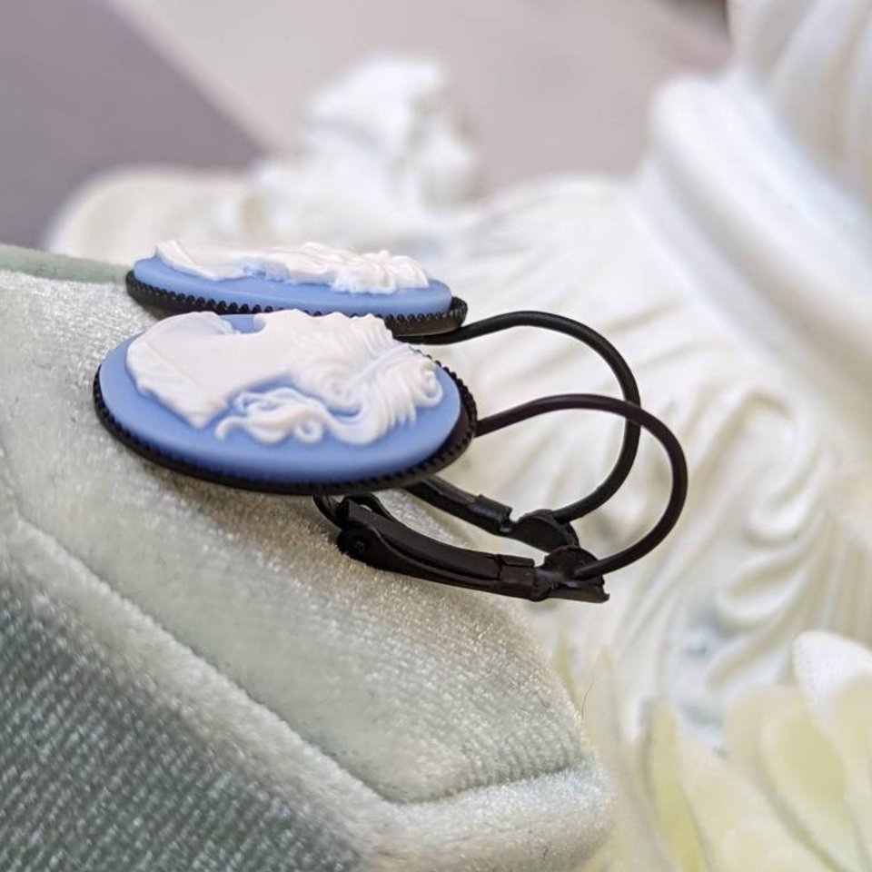 Blue Cameo Leverback Earrings, Romantic Jewelry