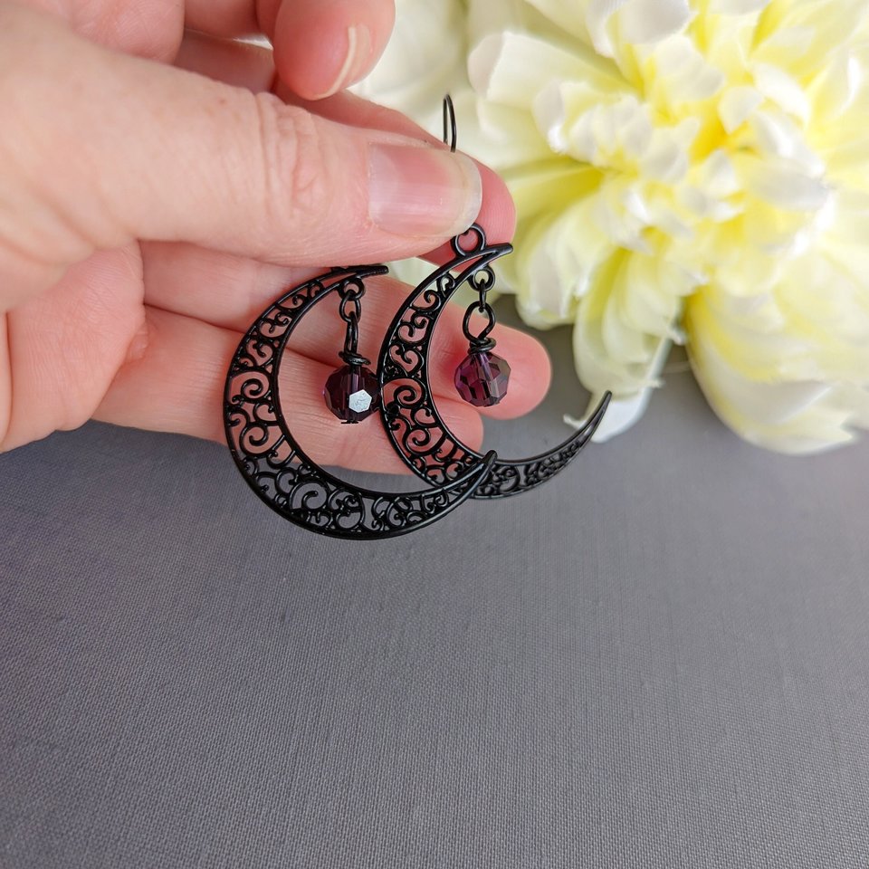 Black Crescent Moon earrings, Celestial Moon earrings, Filigree Moon jewelry, Boho earrings, Witchy earrings