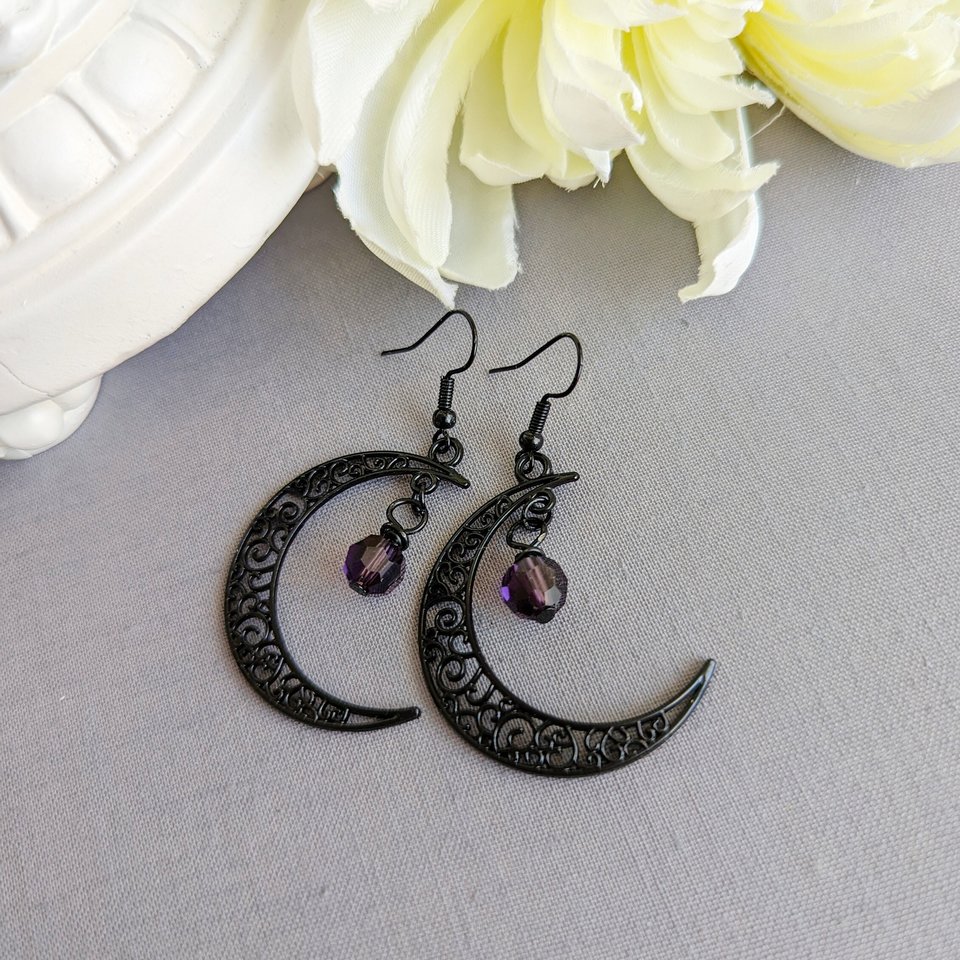 Black Crescent Moon earrings, Celestial Moon earrings, Filigree Moon jewelry, Boho earrings, Witchy earrings