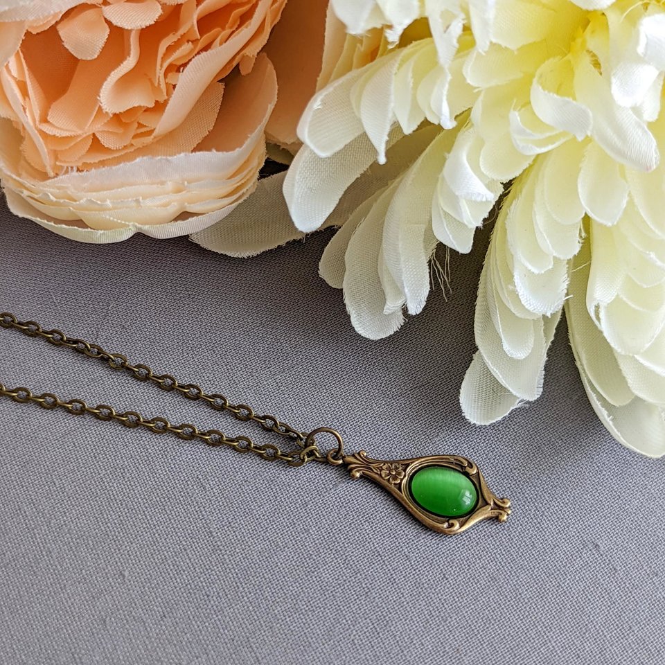 Victorian Necklace, Emerald Green Teardrop Pendant, May Birthday Jewelry Gift for Her