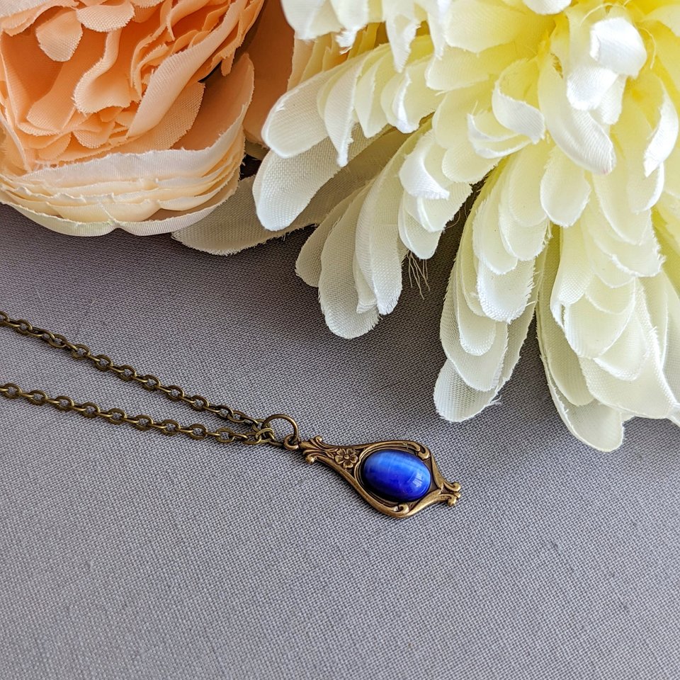 Vintage Style Necklace, Sapphire Blue Teardrop Pendant, September Birthday Jewelry Gift for Her