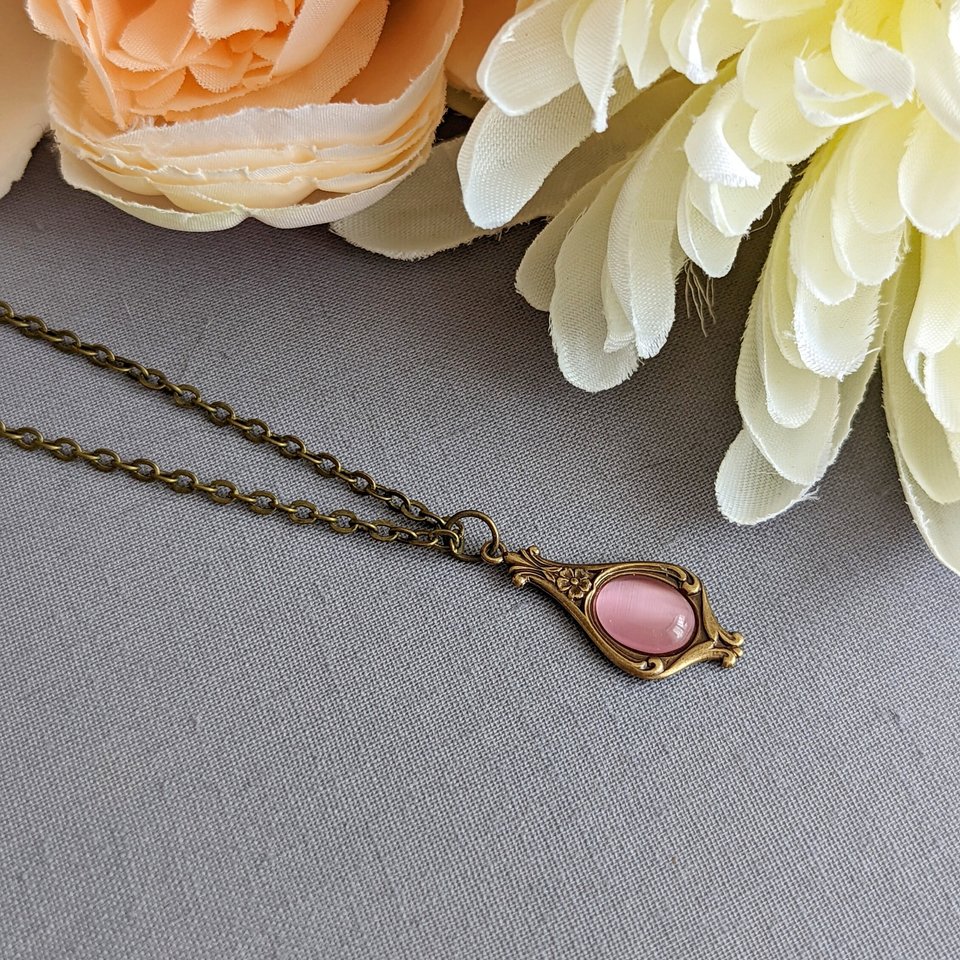 Pink Victorian Necklace, Elegant Drop Pendant, Vintage Style Jewelry 