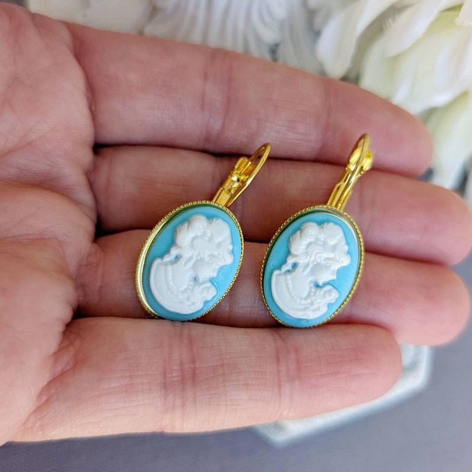 Blue Lady Cameo Earrings, Vintage Portrait, Gold Plated Lever Back Earrings, Victorian Jewelry