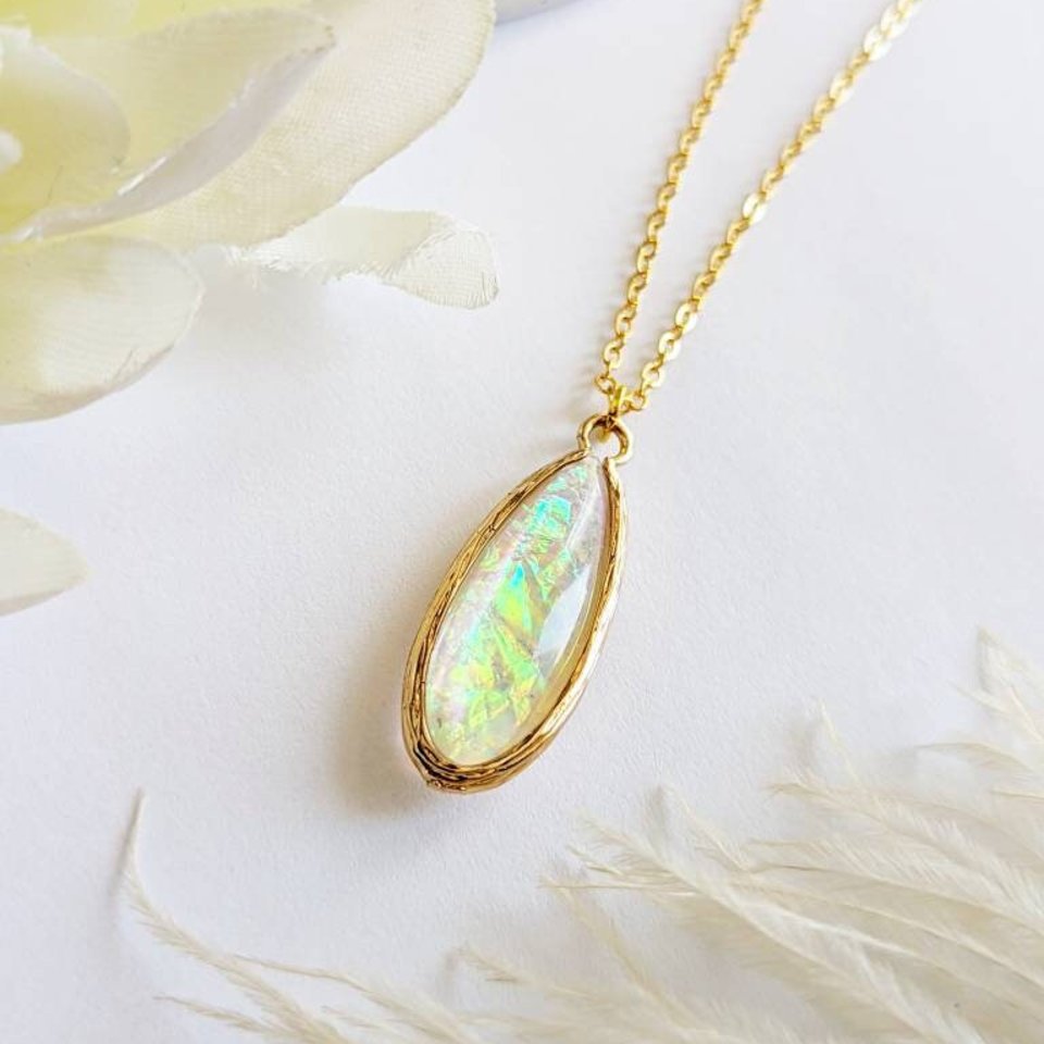 Opal Teardrop Pendant, Iridescent Gemstone Jewelry, October Birthstone 