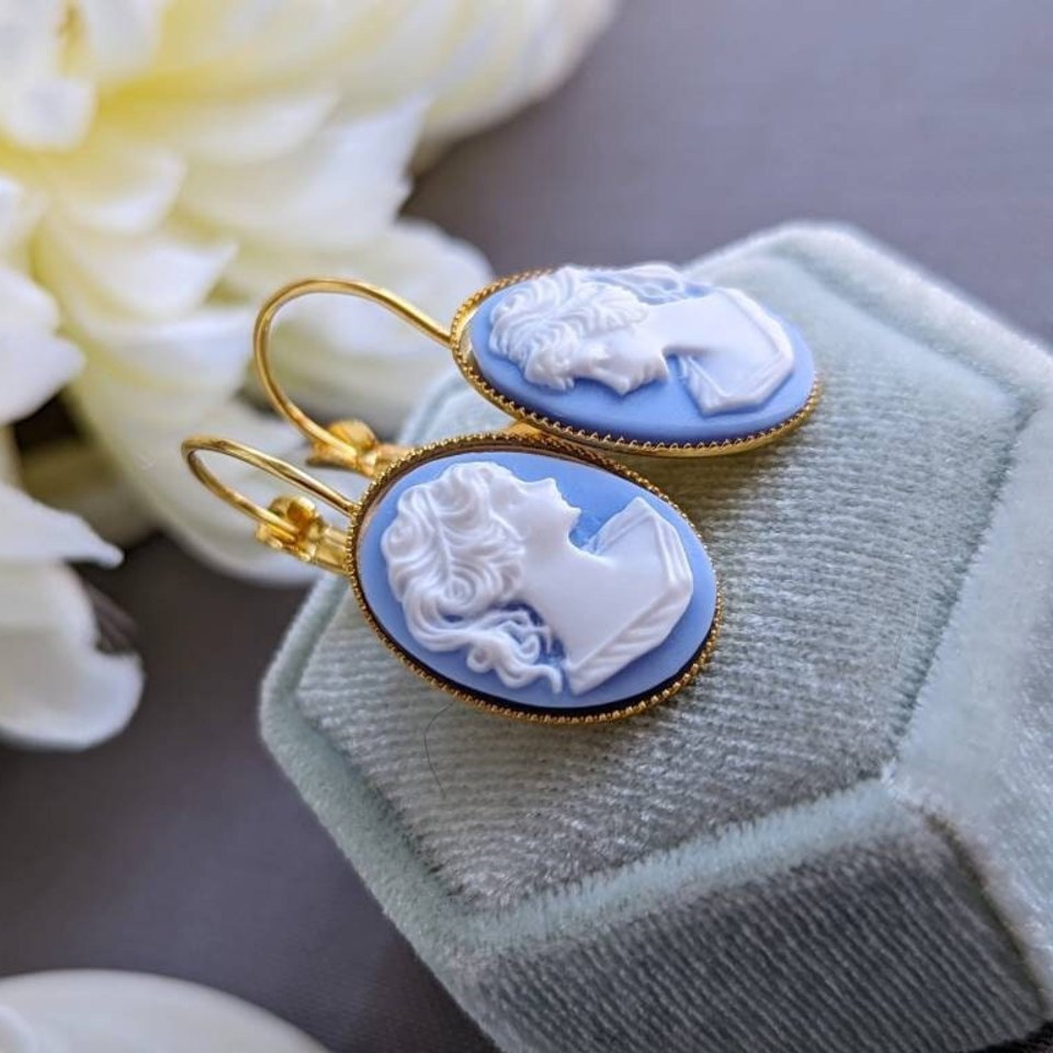 Blue Cameo Earrings, Lever Back Earrings, Lady Cameo, Victorian Era, Romantic Jewelry, Shabby Chic