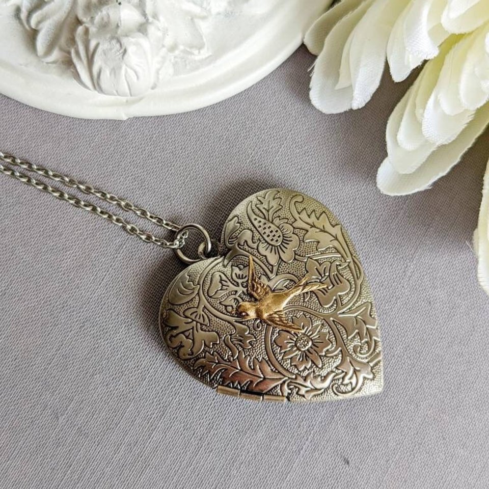 Heart Locket Pendant with Silver Swallow, Romantic Gift for Her