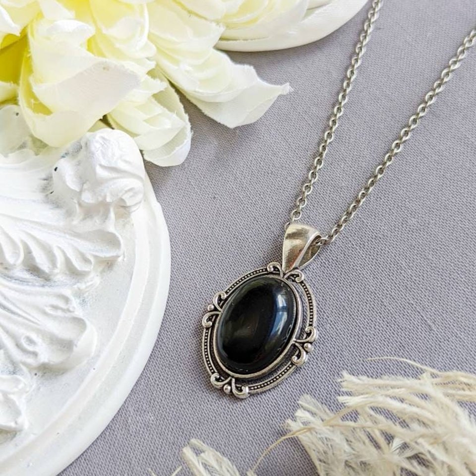 Oval Obsidian Necklace, Black Stone Pendant, Gothic Jewelry, Goth Bride