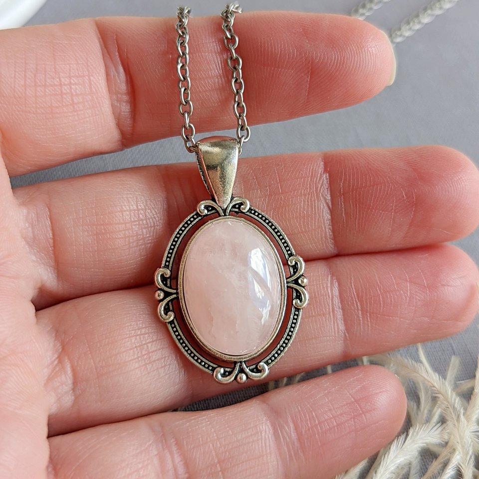 Rose Quartz Necklace, Pink Stone Pendant, Natural Crystal, Self Care Jewelry, Second Wedding Anniversary Gift for Her