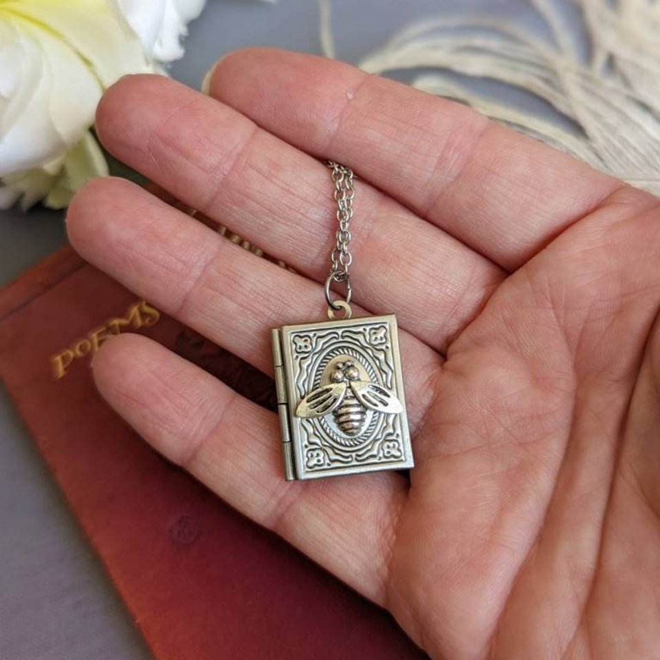 Bee Locket Necklace, Silver Book Locket, Tiny Silver Bee Necklace, Book Lover, Light Academia, Book Club Gift, Gift for Librarian