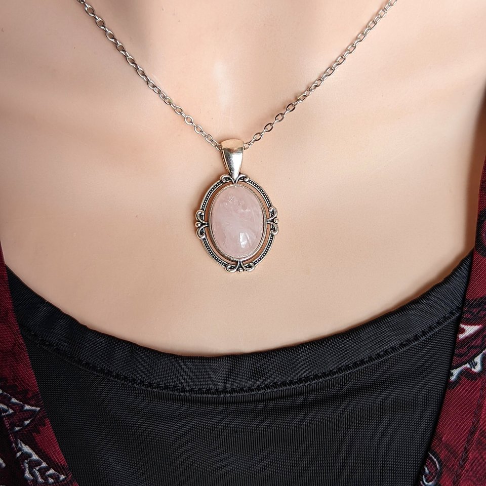 Rose Quartz Necklace, Pink Stone Pendant, Natural Crystal, Self Care Jewelry, Second Wedding Anniversary Gift for Her